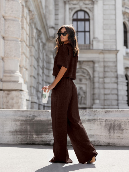 Masełkowy komplet bluzka i szerokie spodnie ATRIA - czekoladowy 2