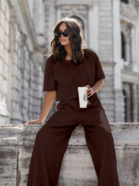 Masełkowy komplet bluzka i szerokie spodnie ATRIA - czekoladowy