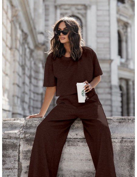 Masełkowy komplet bluzka i szerokie spodnie ATRIA - czekoladowy
