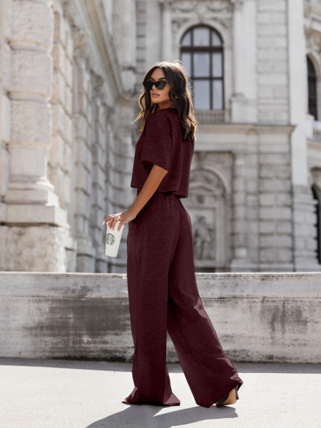 Masełkowy komplet bluzka i szerokie spodnie ATRIA - bordowy 2