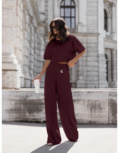 Masełkowy komplet bluzka i szerokie spodnie ATRIA - bordowy
