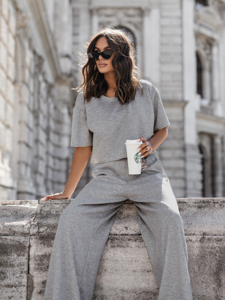 Masełkowy komplet bluzka i szerokie spodnie ATRIA - szary melanż