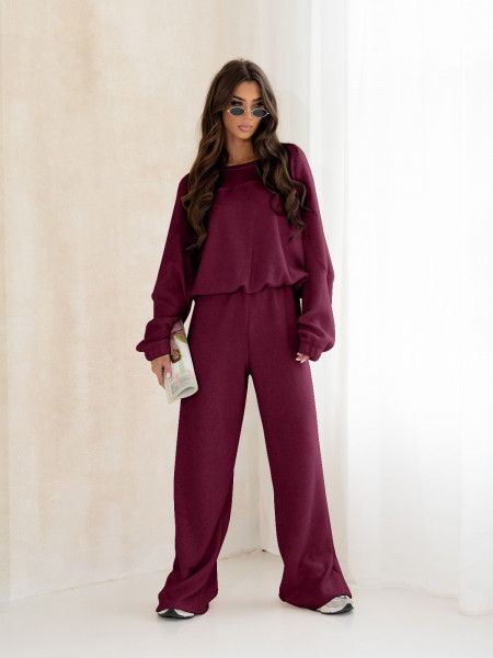 Komplet dzianinowy z szerokimi spodniami MILENA - bordowy