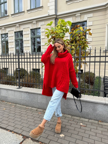 Sweter golf oversize z domieszką wełny DORO - czerwony