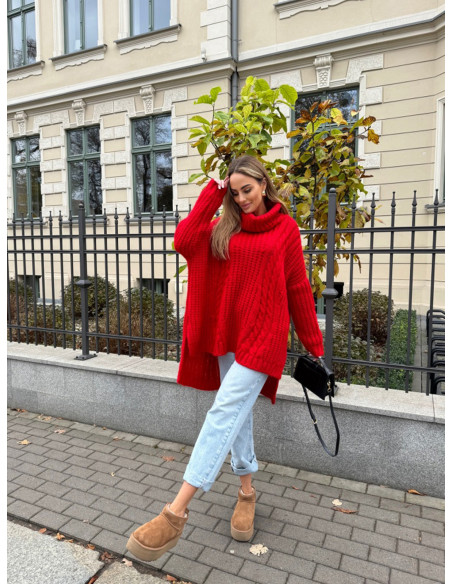 Sweter golf oversize z domieszką wełny DORO - czerwony