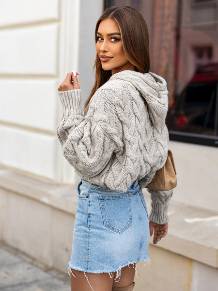 Sweter z kapturem w warkocze ROCCO - szary 2