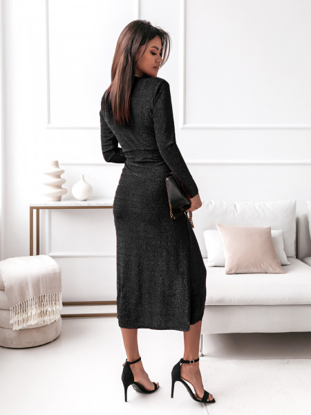 Błyszcząca suknia z długim rękawem MILI - czarna