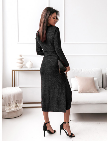 Błyszcząca suknia z długim rękawem MILI - czarna