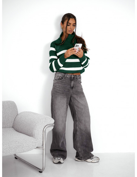 Sweter w paski z zamkiem przy ramieniu DIARA - butelkowa zieleń