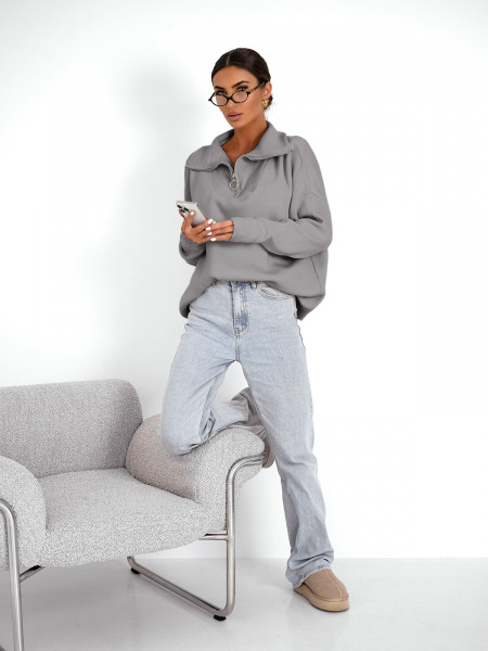 Sweter oversize z zamkiem na dekolcie AYLE - szary 2