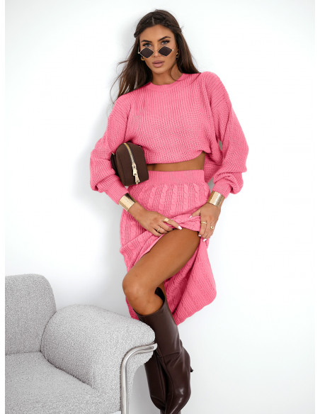 Komplet dzianinowy ze spódnicą XANTI - pudrowy róż