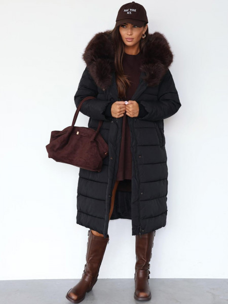 Pikowana długa kurtka z kapturem RYAN - czarna