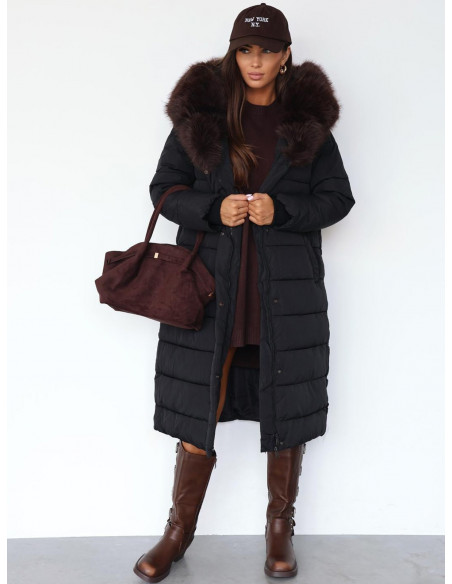 Pikowana długa kurtka z kapturem RYAN - czarna