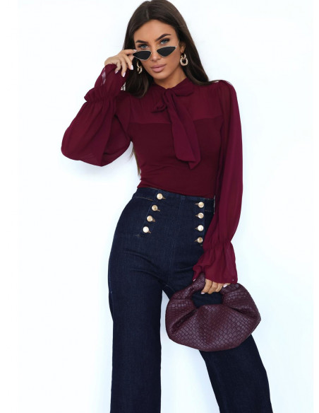 Bluzka z szyfonowymi rękawami i wiązaniem SHIRIN - bordowa