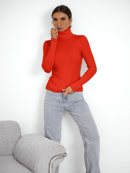 Prążkowany sweter golf z wiskozą TORIA  - czerwony 2