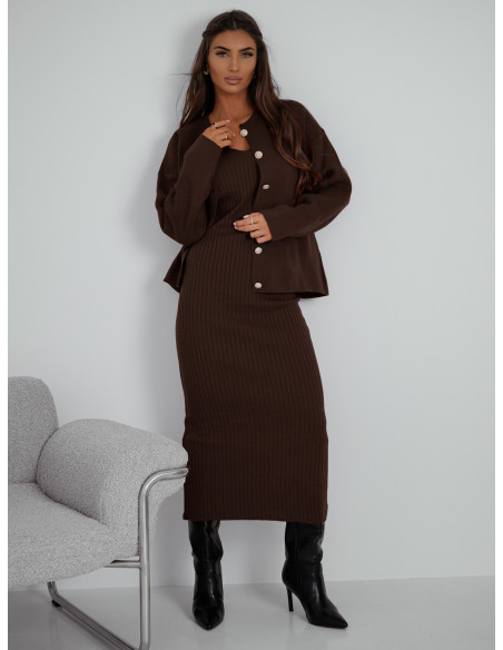 Dzianinowy komplet z sukienką midi SHAVON - czekoladowy