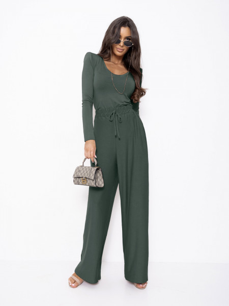 Komplet z wiskozy bluzka i szerokie spodnie AGRA - khaki