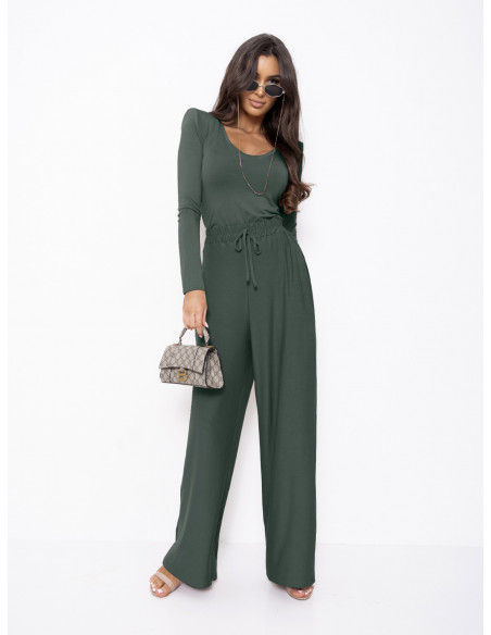 Komplet z wiskozy bluzka i szerokie spodnie AGRA - khaki