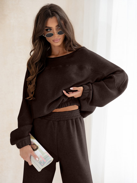 Komplet dzianinowy z szerokimi spodniami MILENA - czekoladowy