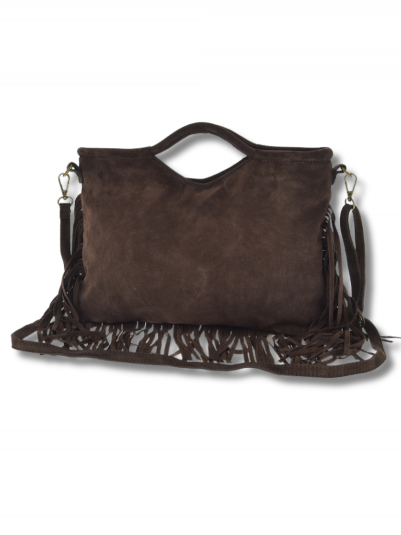 Skórzana torebka zamszowa z frędzlami - czekoladowa