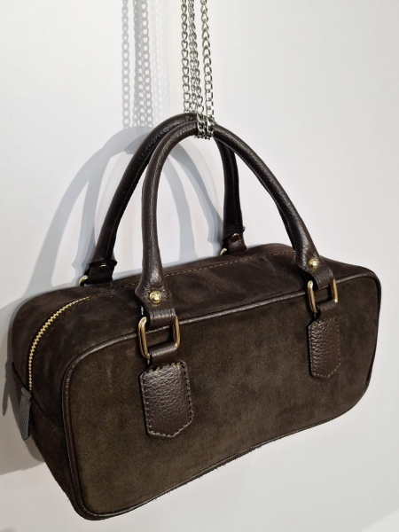 Skórzana zamszowa torebka kuferek - czekoladowa 2