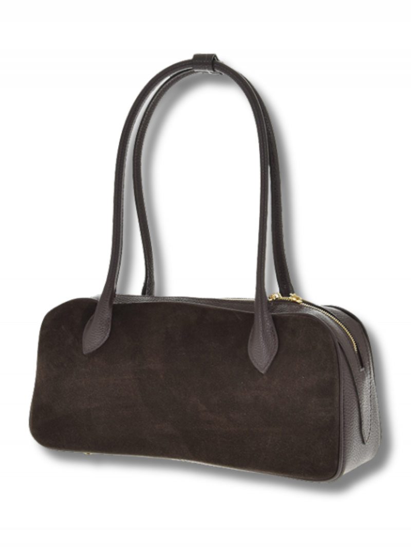 Zamszowa torebka kuferek na długich rączkach - czekoladowa