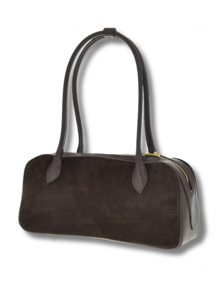 Zamszowa torebka kuferek na długich rączkach - czekoladowa