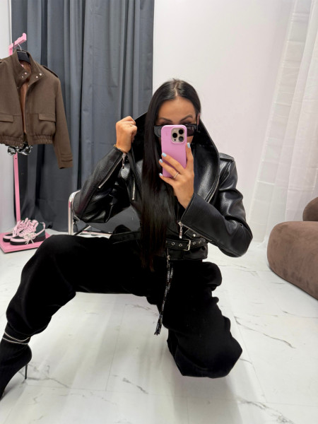 Krótka kurtka ramoneska z eko-skóry TINSA - czarna 2