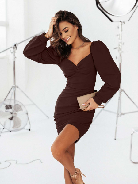 WP sukienka z bufiastymi rękawami - czekoladowa