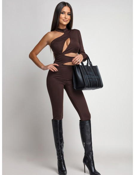 Asymetryczny kombinezon z wycięciami NOLTI - czekoladowy