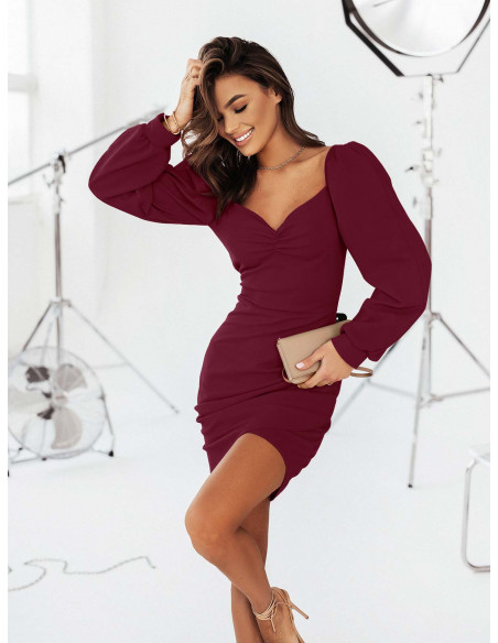 Sukienka z bufiastymi rękawami ADIANA - bordowa