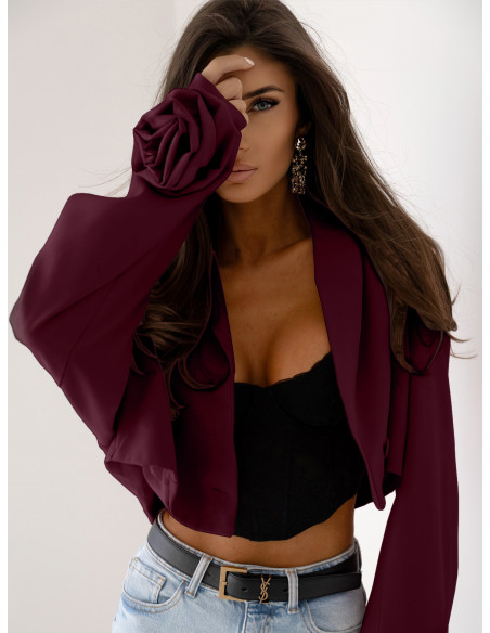 Krótka marynarka oversize z różą na rękawie MALLA - bordowa