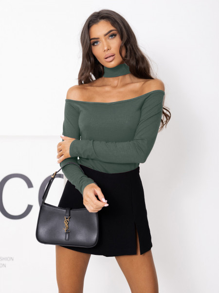 Bluzka hiszpanka z wiskozy z chokerem RELAVIA - khaki 2