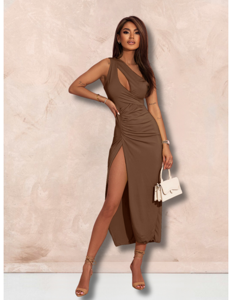 Elegancka midi sukienka na jedno ramię ATHENA - czekoladowa