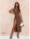 Elegancka midi sukienka na jedno ramię ATHENA - czekoladowa