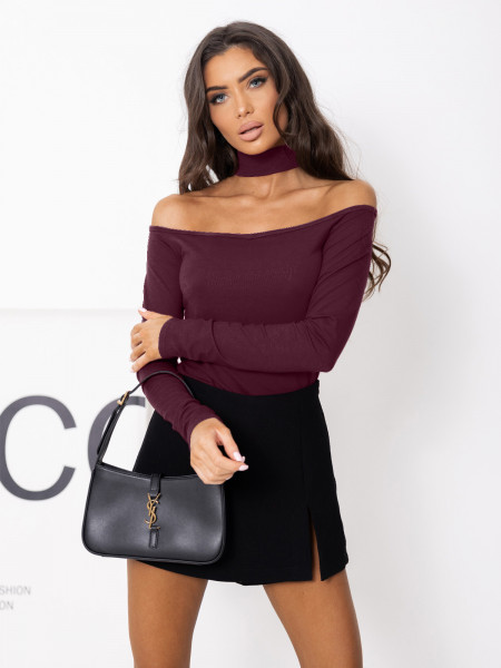 Bluzka hiszpanka z wiskozy z chokerem RELAVIA - śliwkowa