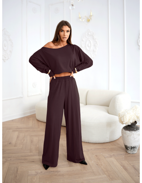 Komplet z wiskozy bluzka i szerokie spodnie SATON - czekoladowy