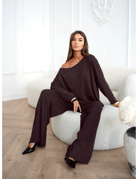 Komplet z wiskozy bluzka i szerokie spodnie SATON - czekoladowy