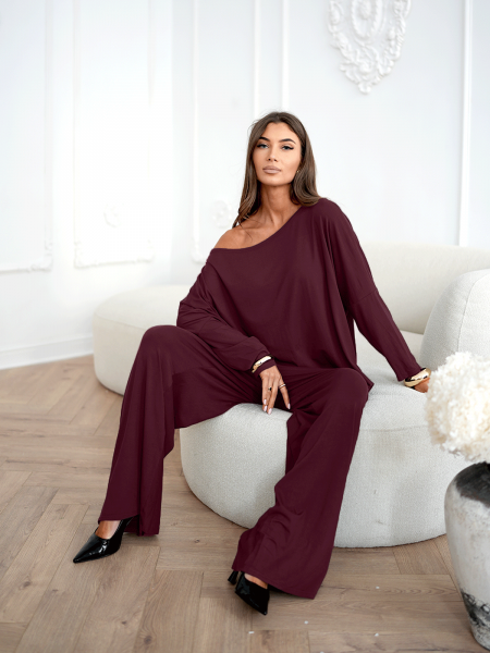 Komplet z wiskozy bluzka i szerokie spodnie SATON - bordowy 2