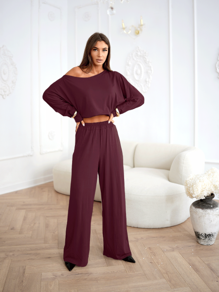 Komplet z wiskozy bluzka i szerokie spodnie SATON - bordowy