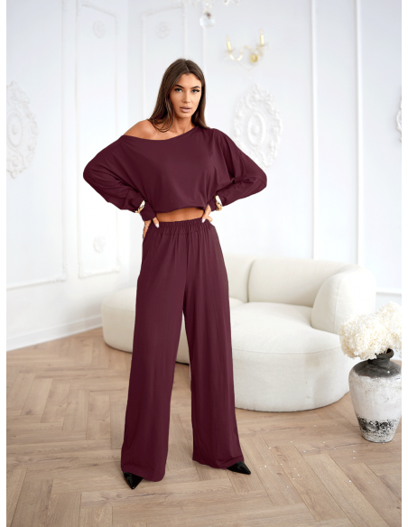 Komplet z wiskozy bluzka i szerokie spodnie SATON - bordowy