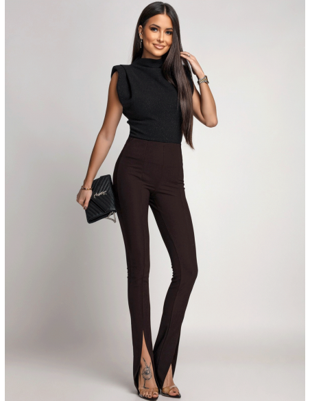Legginsy z pęknięciem na nogawce ROMELLE - czekoladowe