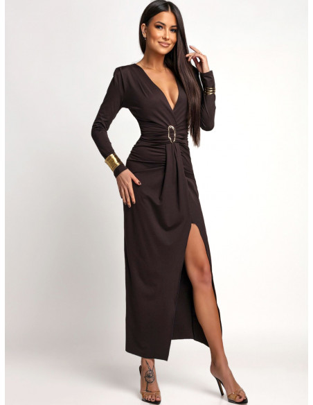 Maxi sukienka z głębokim dekoltem MILLA - czekoladowa