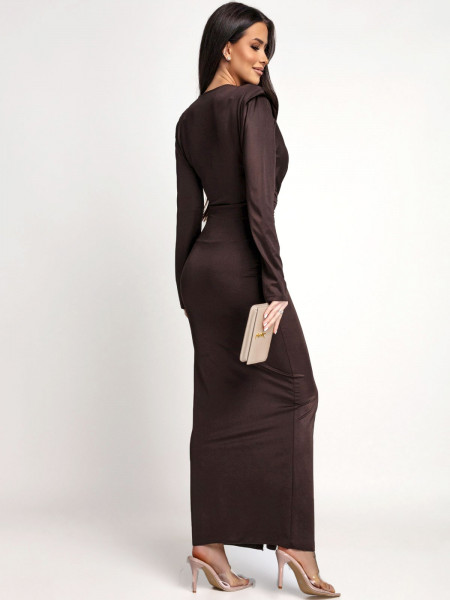 Elegancka sukienka maxi z ozdobną klamrą SYNTHIA - czekoladowa 2