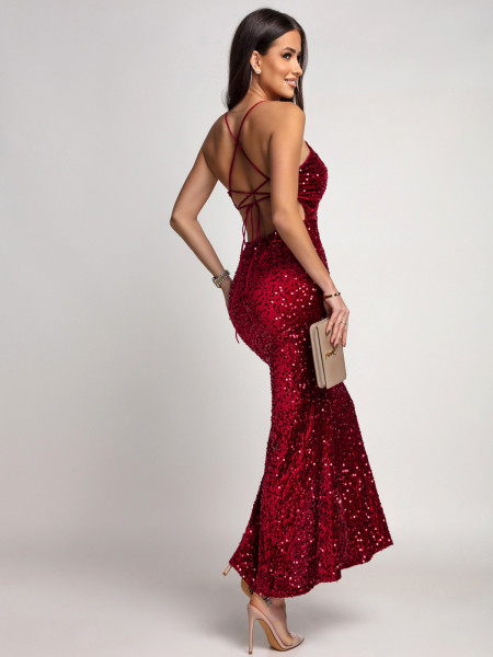 Cekinowa sukienka z odkrytymi plecami VINONA - bordowa