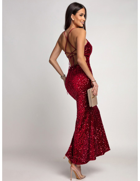 Cekinowa sukienka z odkrytymi plecami VINONA - bordowa