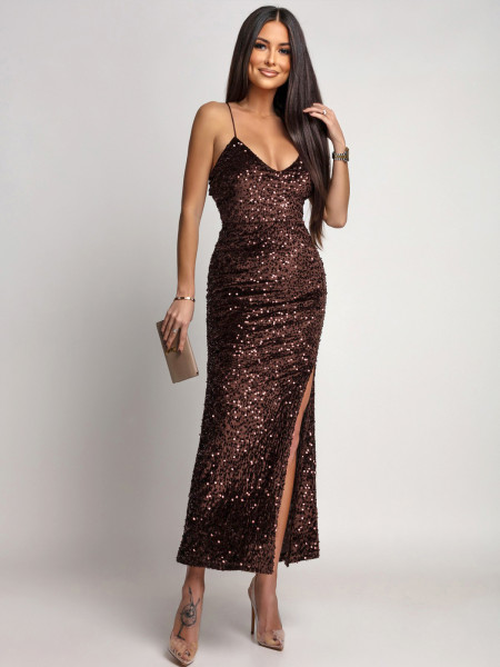 Cekinowa sukienka z odkrytymi plecami VINONA - czekoladowa 2