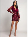 Cekinowa sukienka mini z tiulem SEVANNA - bordowa