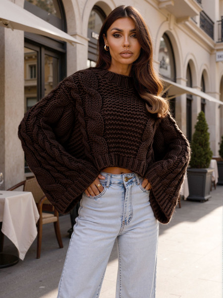 Krótki sweter oversize z wełną RIBBEL - czekoladowy