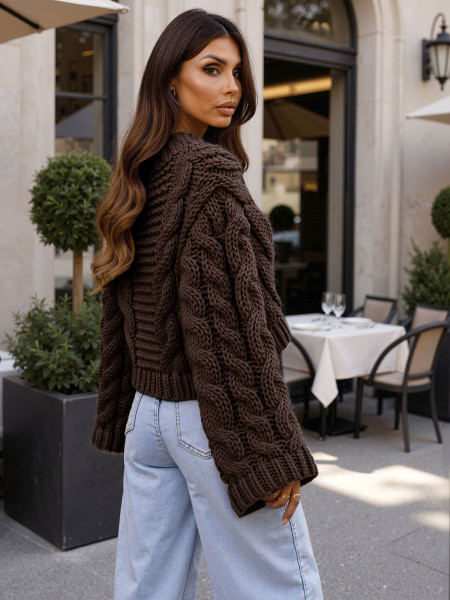 Krótki sweter oversize z wełną RIBBEL - czekoladowy 2